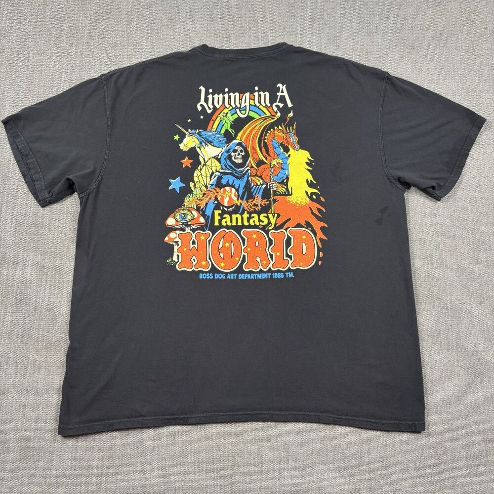 Boss Dog Graphic T-Shirt Fantasy World Black Tee Mens XXL Retro Grunge Skull Y2K